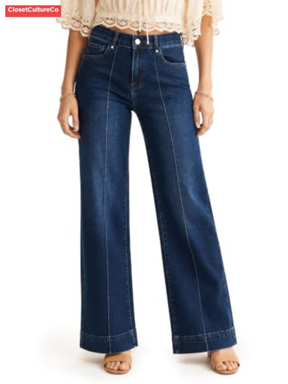 Women High Waisted Stretch Wide Leg Front Seam Denim Jeans